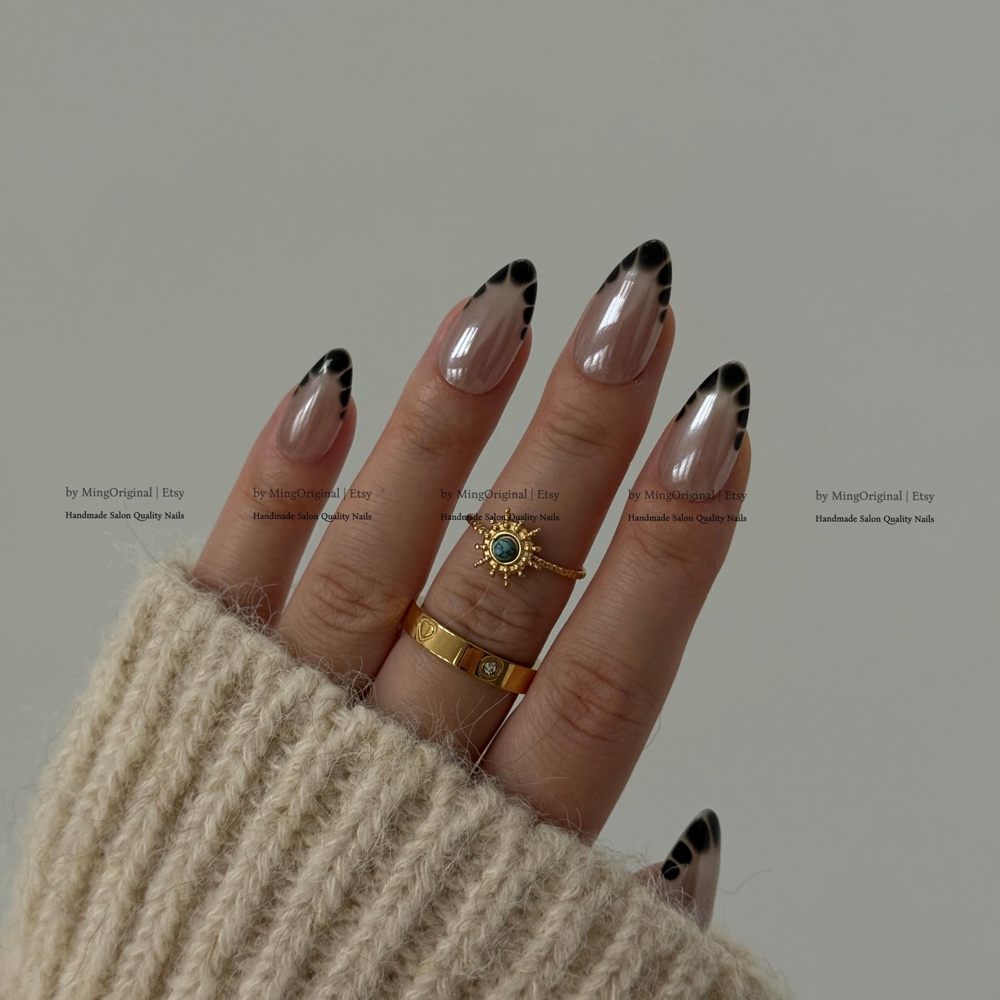 Black Crocodile French Tip Press On Nails, Glazed Donuts Shimmer Pearl Aura Nails,Handmade Croc Print Fake Nails, Iridescent Y2K Nails,MO826