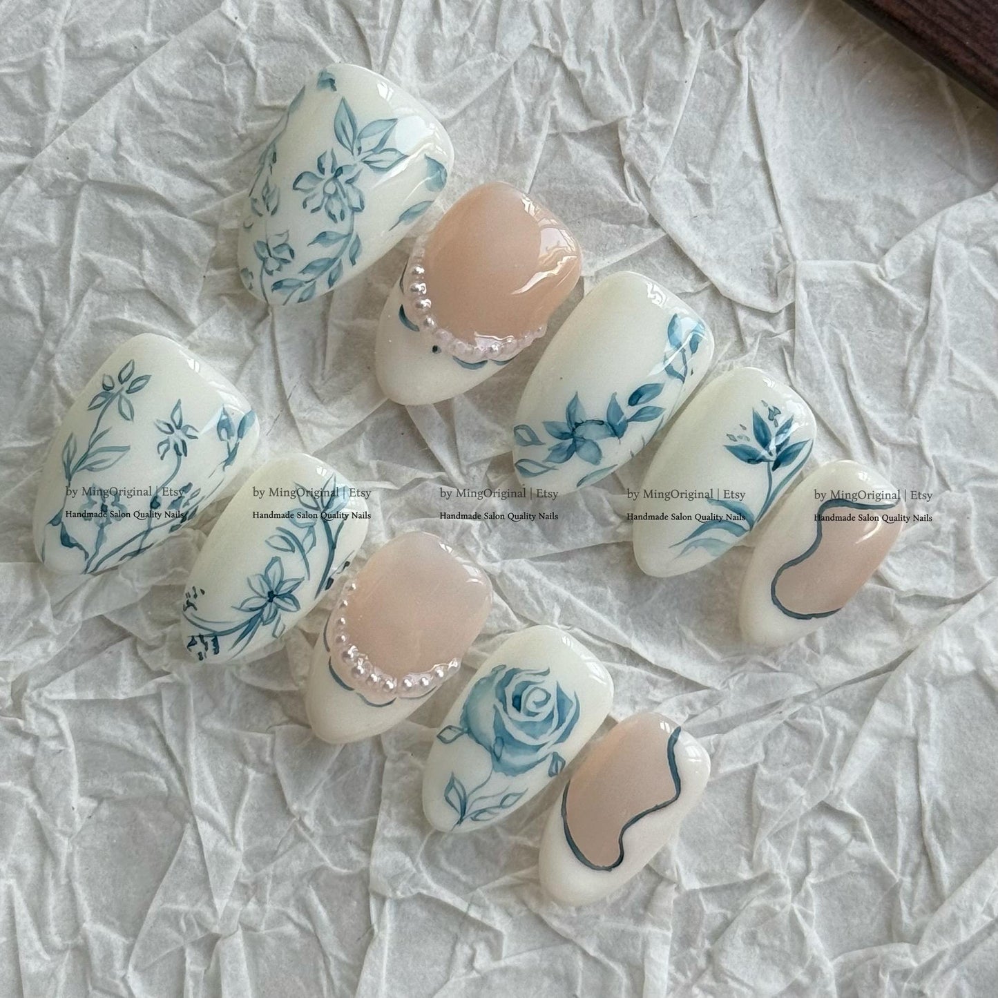 Blue Floral Press On Nails, Hand Painted Porcelain Style, White and Nude Fake Nails,MO855