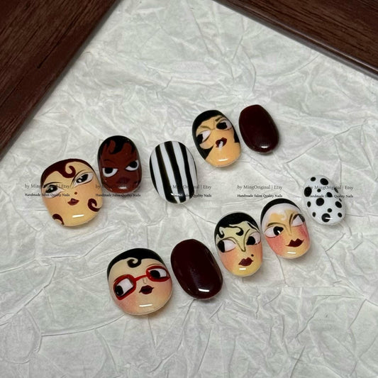 Hand Painted Character Portrait Press On Nails, Avant-Garde Face Art Fake Nails, Retro Pop Art Gel Nails, Unique Artistic Short Nails, MO833