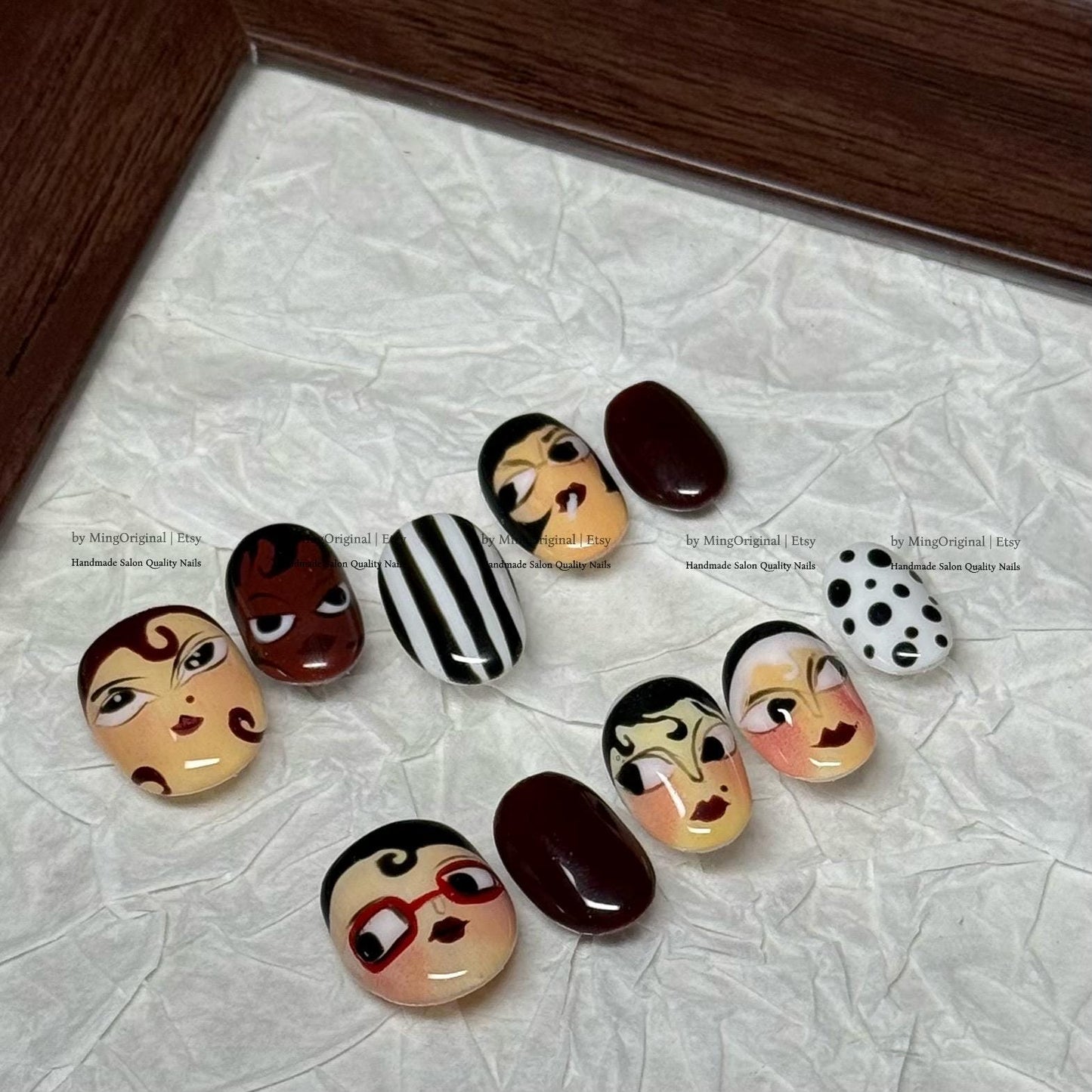 Hand Painted Character Portrait Press On Nails, Avant-Garde Face Art Fake Nails, Retro Pop Art Gel Nails, Unique Artistic Short Nails, MO833