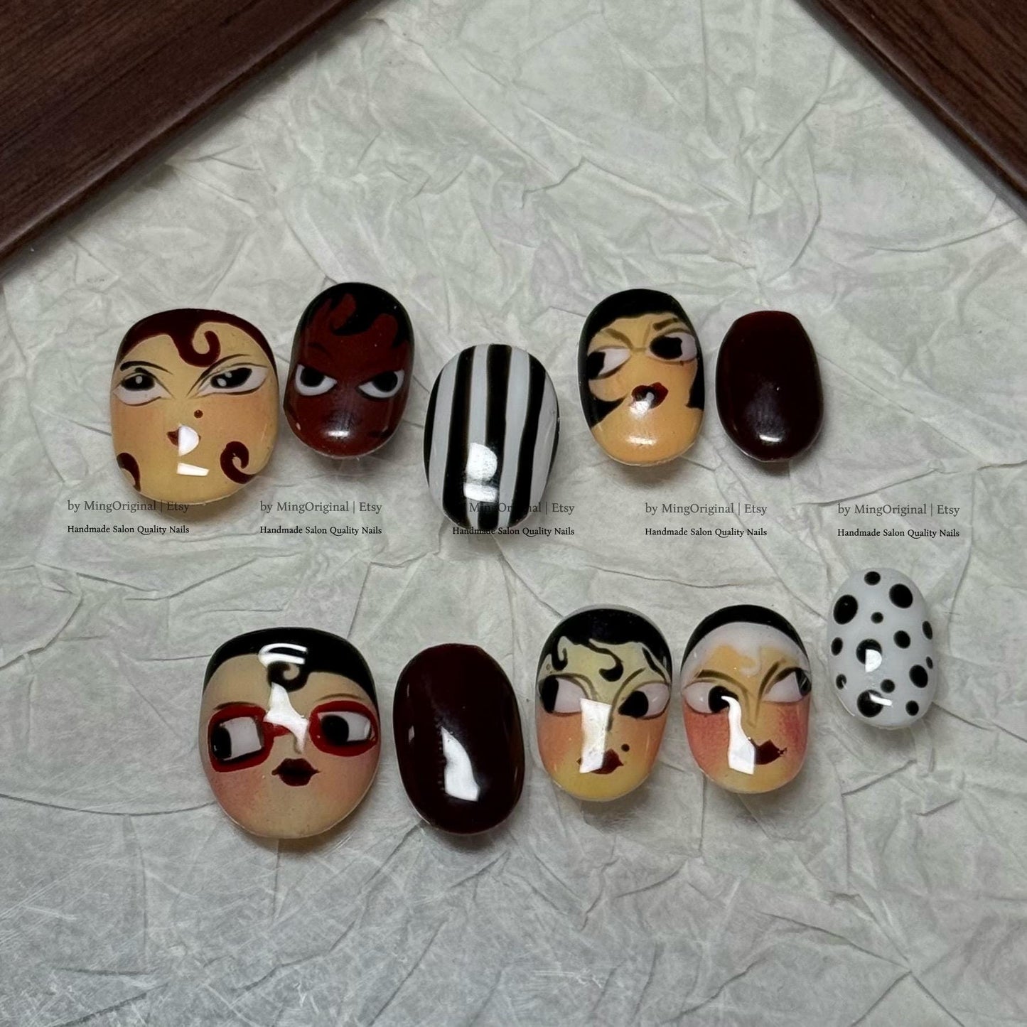 Hand Painted Character Portrait Press On Nails, Avant-Garde Face Art Fake Nails, Retro Pop Art Gel Nails, Unique Artistic Short Nails, MO833