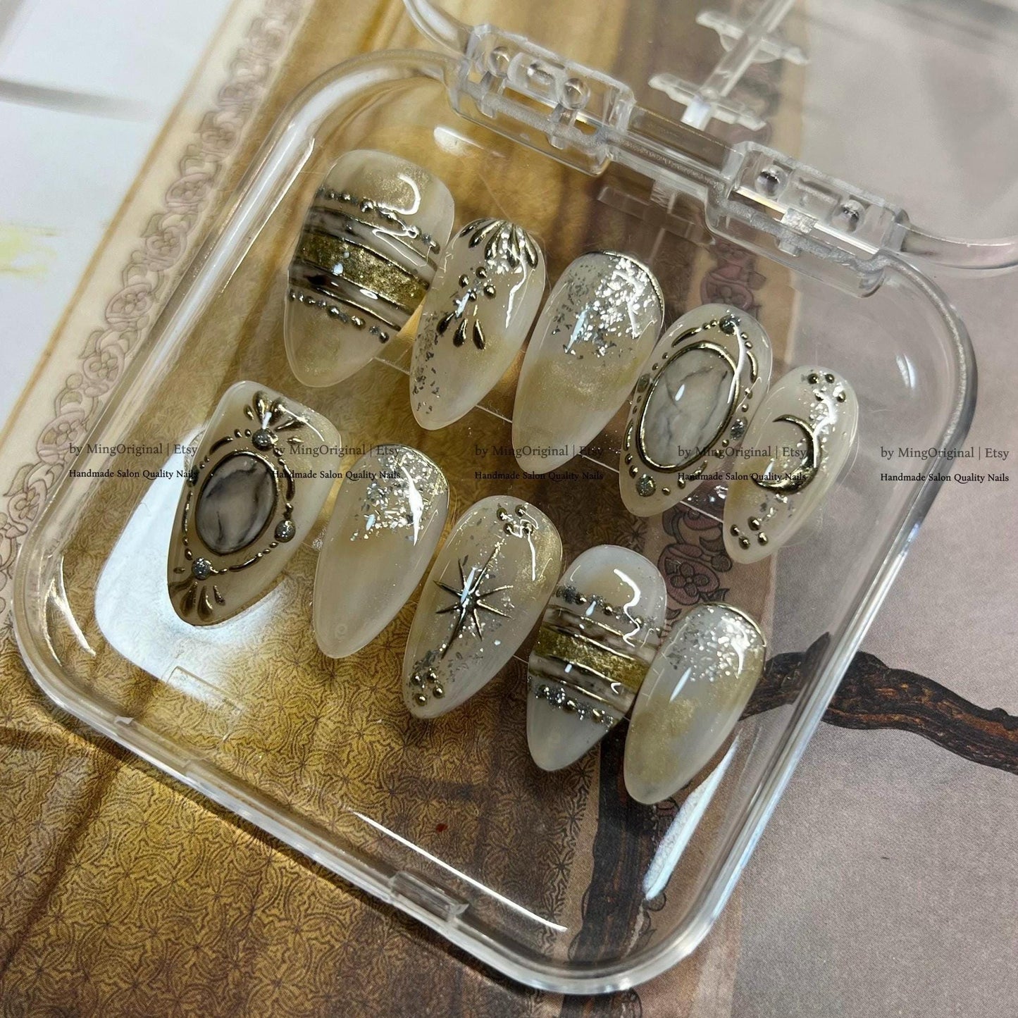 Celestial Moon Star Press On Nails, Silver Marble Fake Nails, Mystic Galaxy Boho Gel Nails, MO836