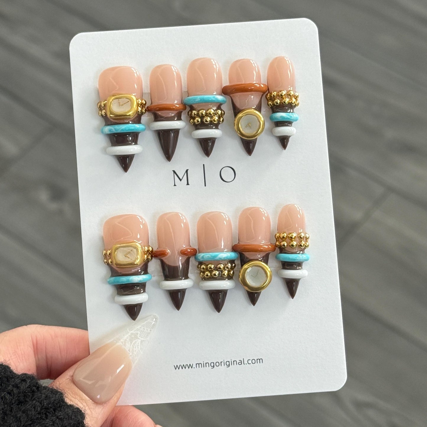 3D Bangle Press On Nails, Sculpted Ring Detail Fake Nails, Brown and Turquoise Gel Nails, MO856