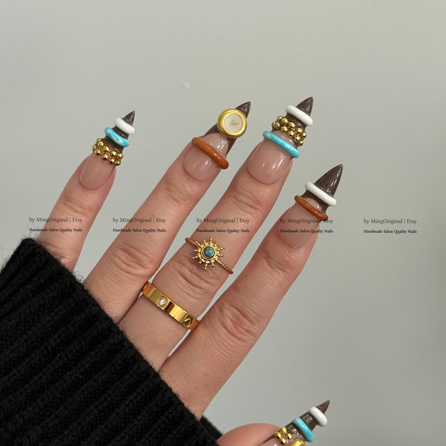 3D Bangle Press On Nails, Sculpted Ring Detail Fake Nails, Brown and Turquoise Gel Nails, MO856