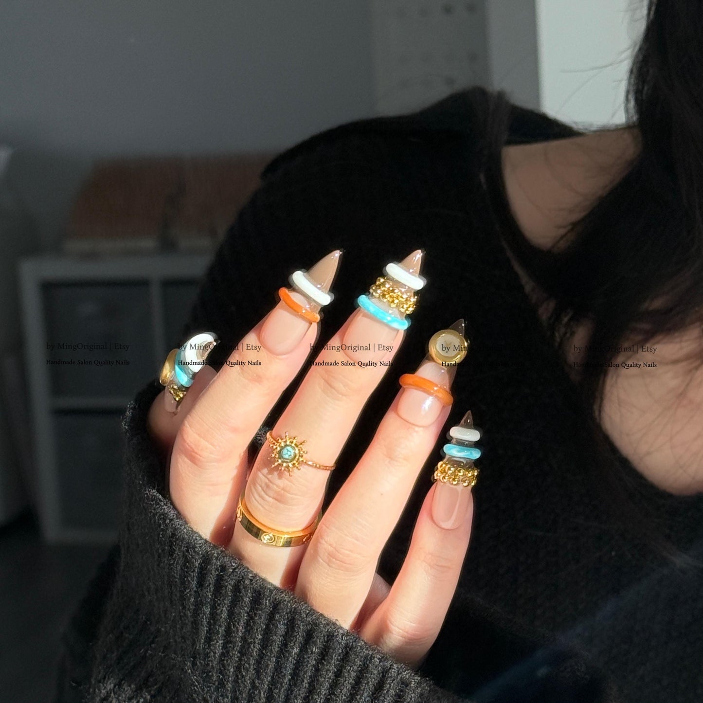 3D Bangle Press On Nails, Sculpted Ring Detail Fake Nails, Brown and Turquoise Gel Nails, MO856