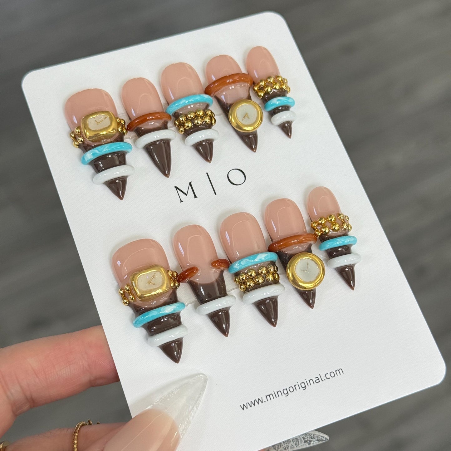 3D Bangle Press On Nails, Sculpted Ring Detail Fake Nails, Brown and Turquoise Gel Nails, MO856