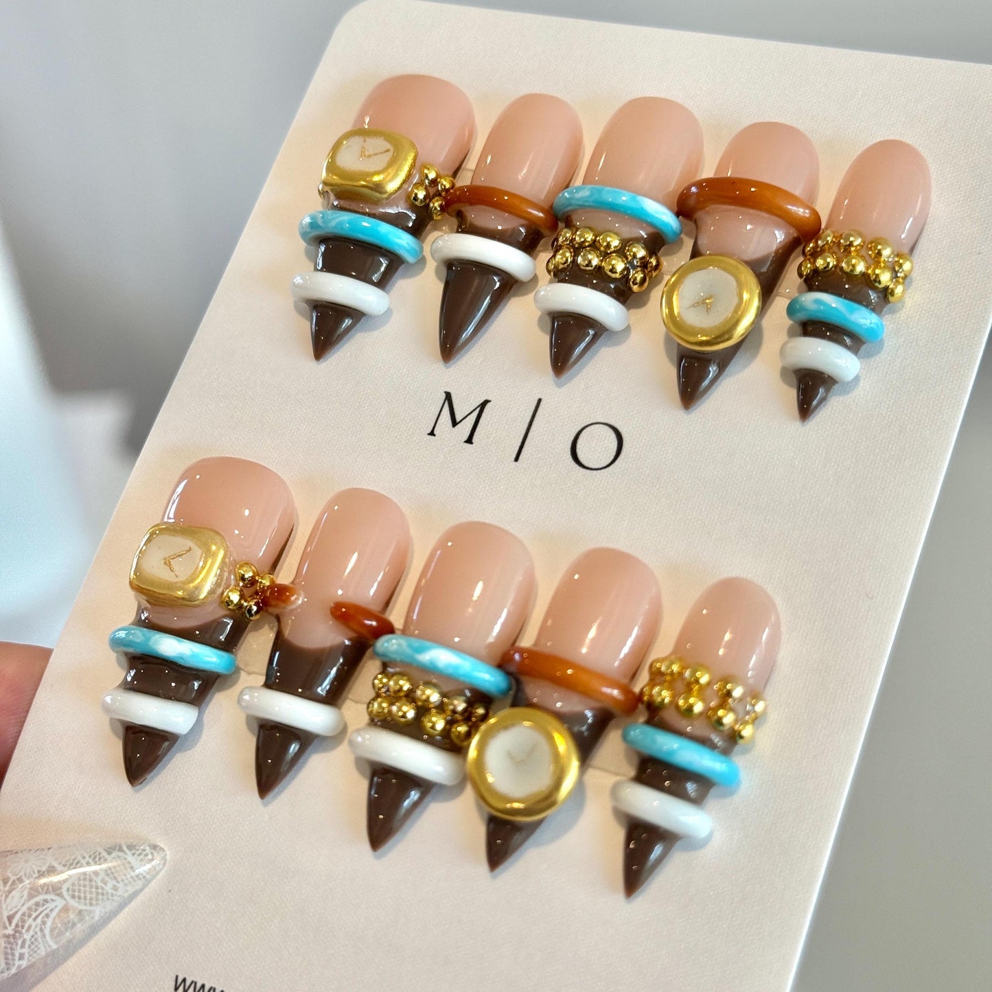 3D Bangle Press On Nails, Sculpted Ring Detail Fake Nails, Brown and Turquoise Gel Nails, MO856