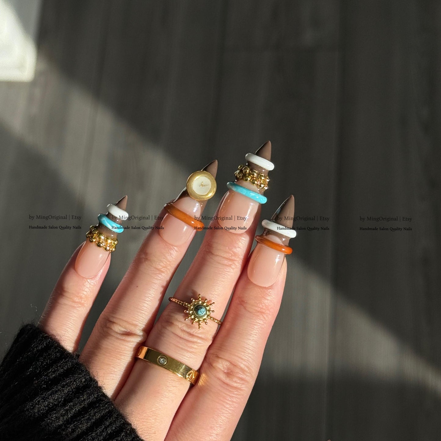 3D Bangle Press On Nails, Sculpted Ring Detail Fake Nails, Brown and Turquoise Gel Nails, MO856