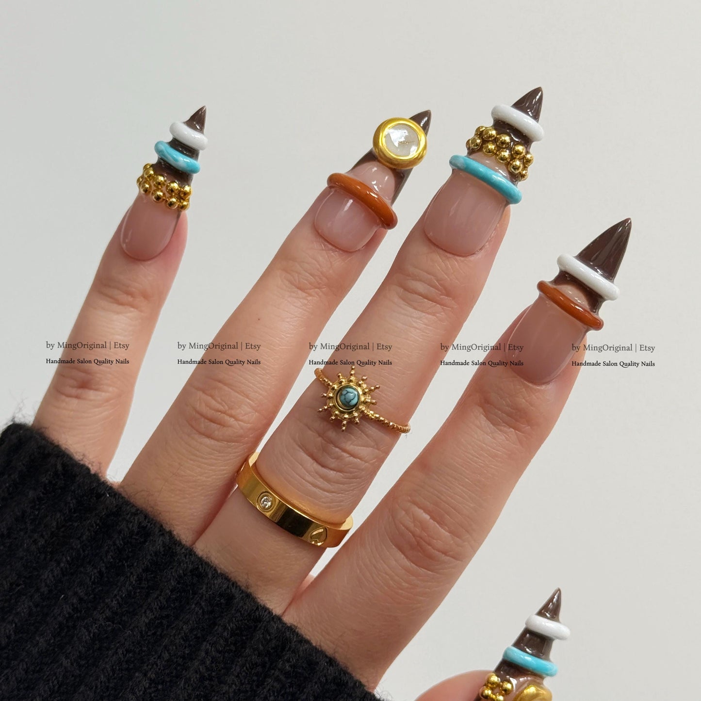 3D Bangle Press On Nails, Sculpted Ring Detail Fake Nails, Brown and Turquoise Gel Nails, MO856