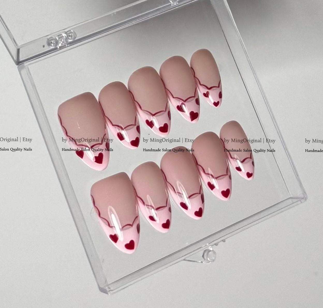 Red Heart Press On Nails, Cute French Tip Fake Nails, Nude and Pink Gel Nails, valentine gift for her, MO857