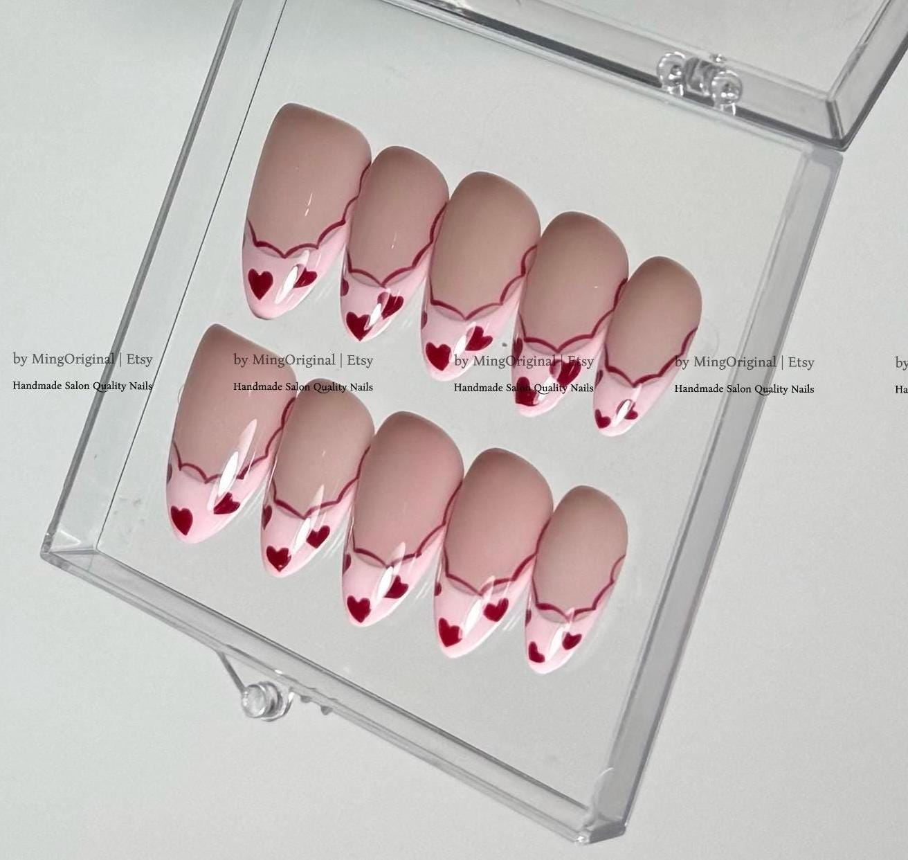 Red Heart Press On Nails, Cute French Tip Fake Nails, Nude and Pink Gel Nails, valentine gift for her, MO857