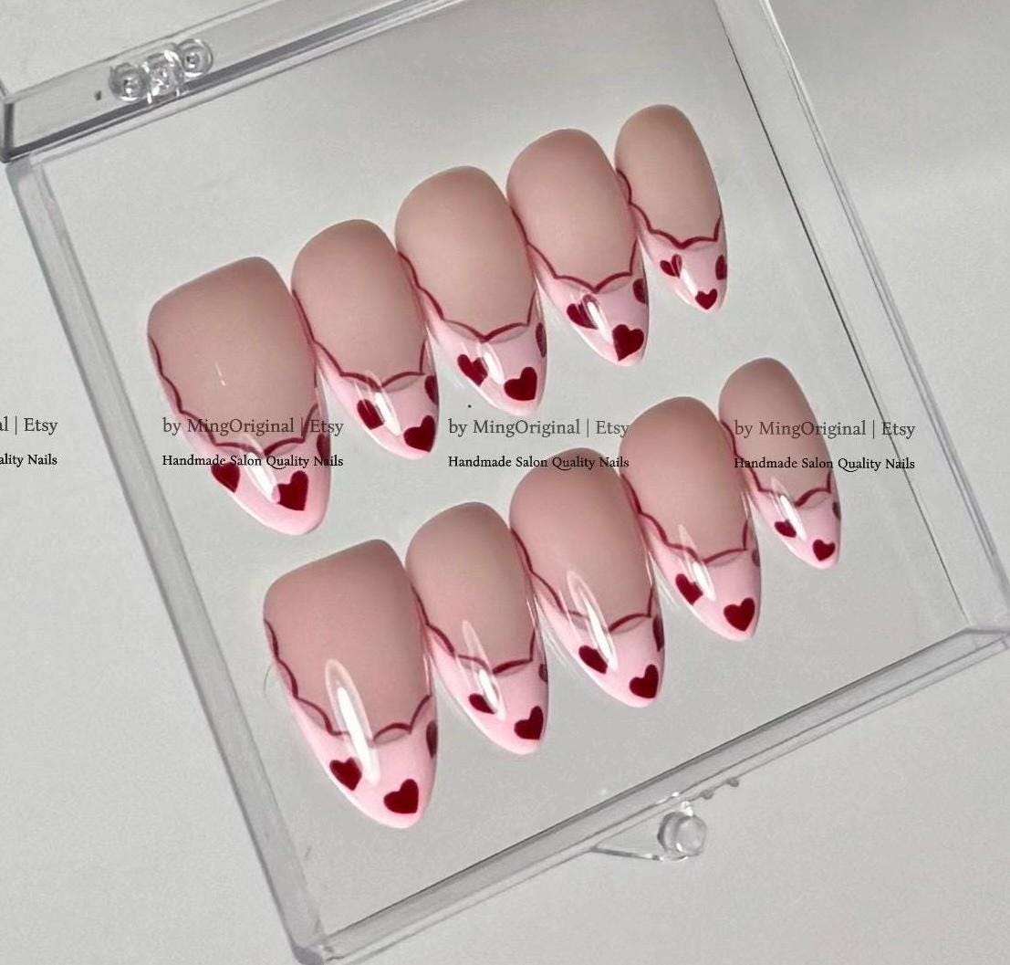 Red Heart Press On Nails, Cute French Tip Fake Nails, Nude and Pink Gel Nails, valentine gift for her, MO857