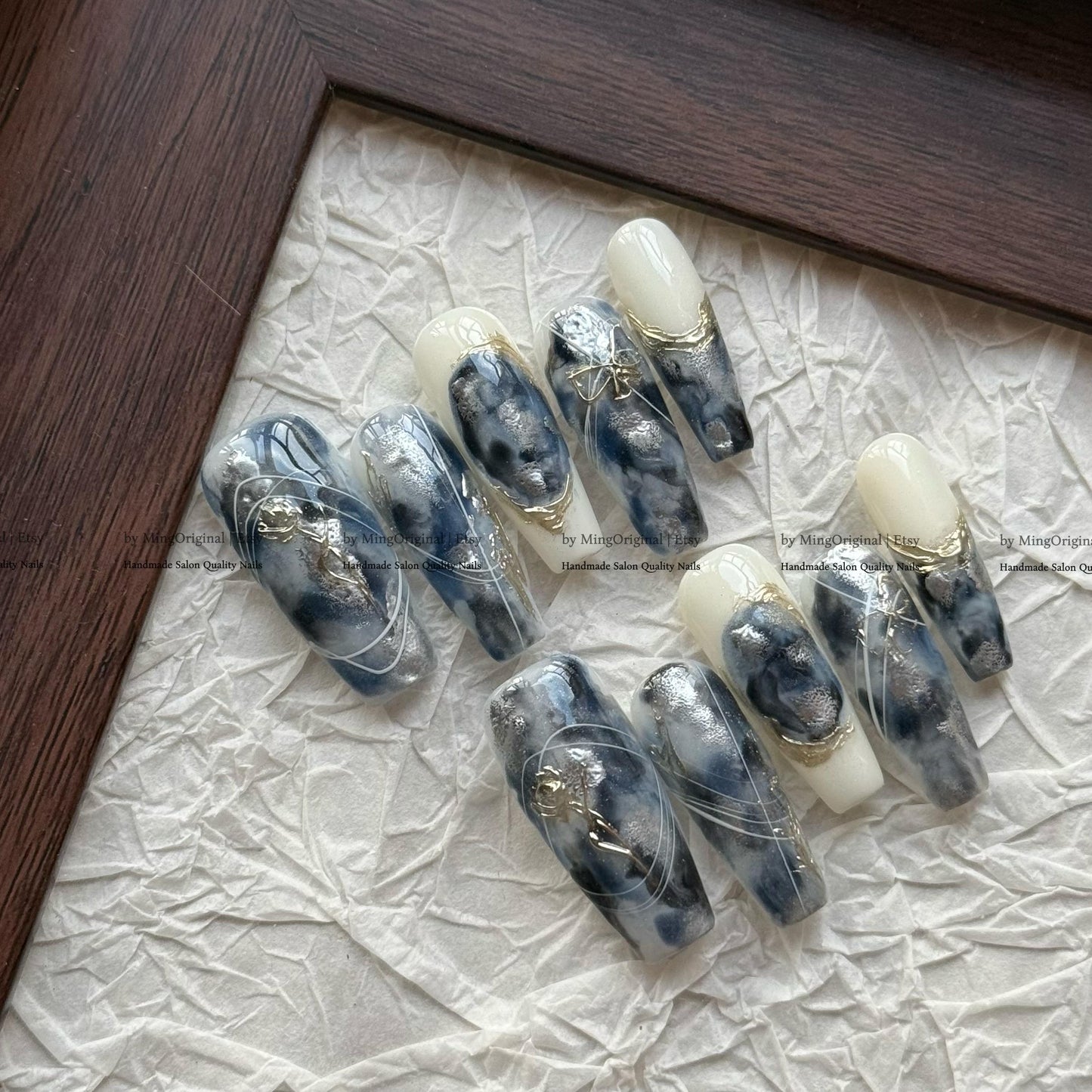 Midnight Blue Marble Nails with Gold Rose, Silver Chrome Detail Fake Nails, Elegant Ink Wash Art Press Ons, MO837