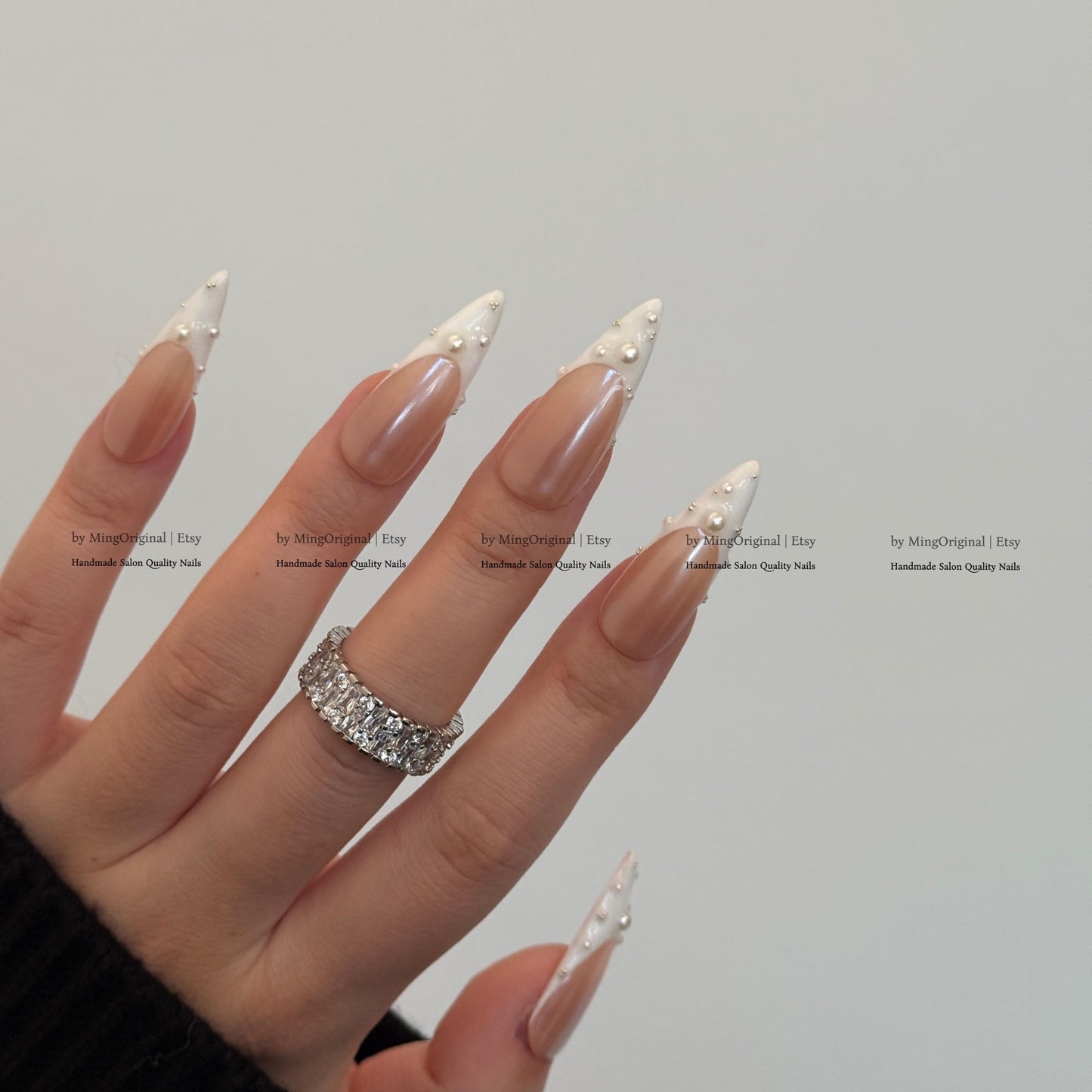 Pearl French Tip Press On Nails, Glazed Donuts Pearlescent Chrome White Glue On Nails, Nude Fake Nails, Bridal Manicure MO858