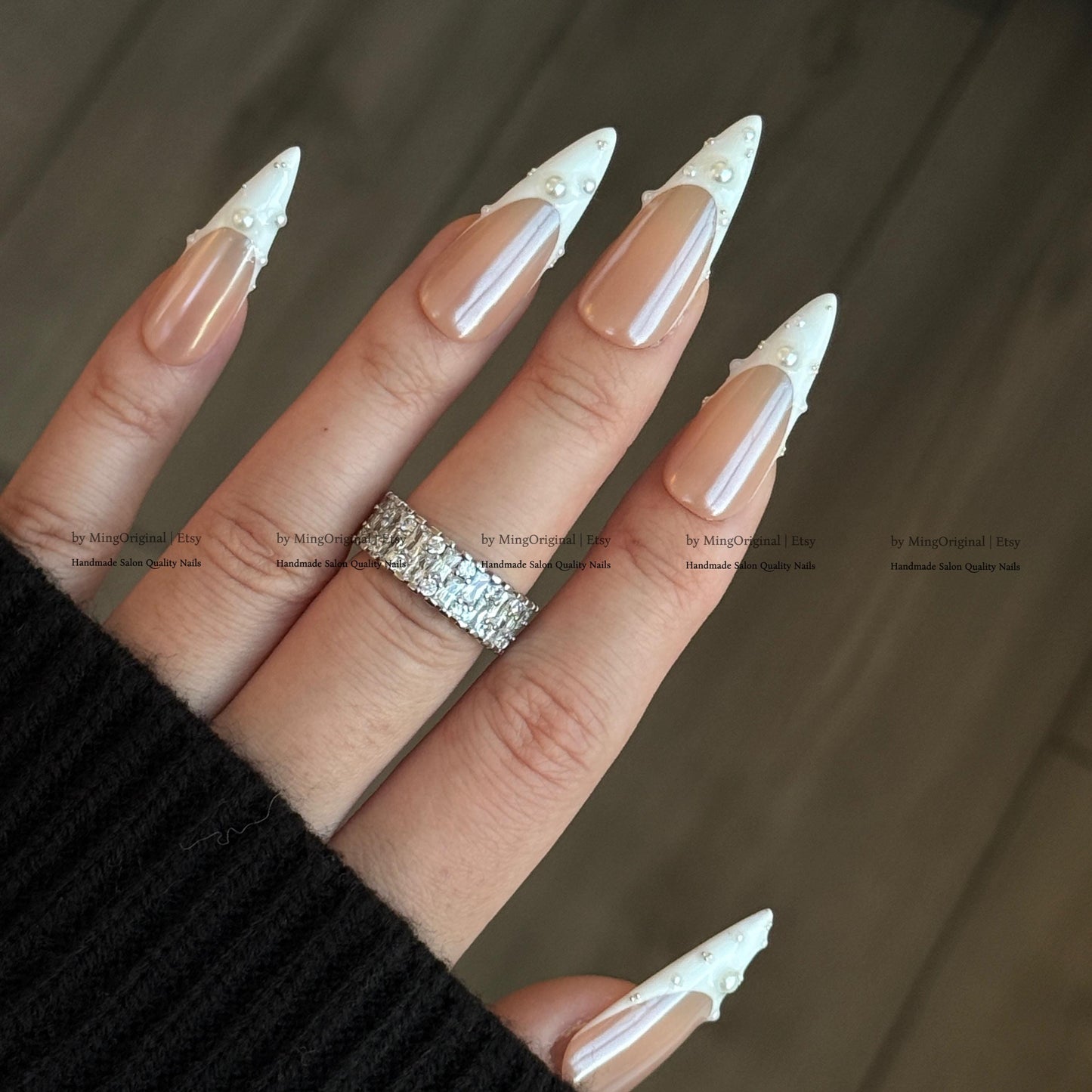 Pearl French Tip Press On Nails, Glazed Donuts Pearlescent Chrome White Glue On Nails, Nude Fake Nails, Bridal Manicure MO858