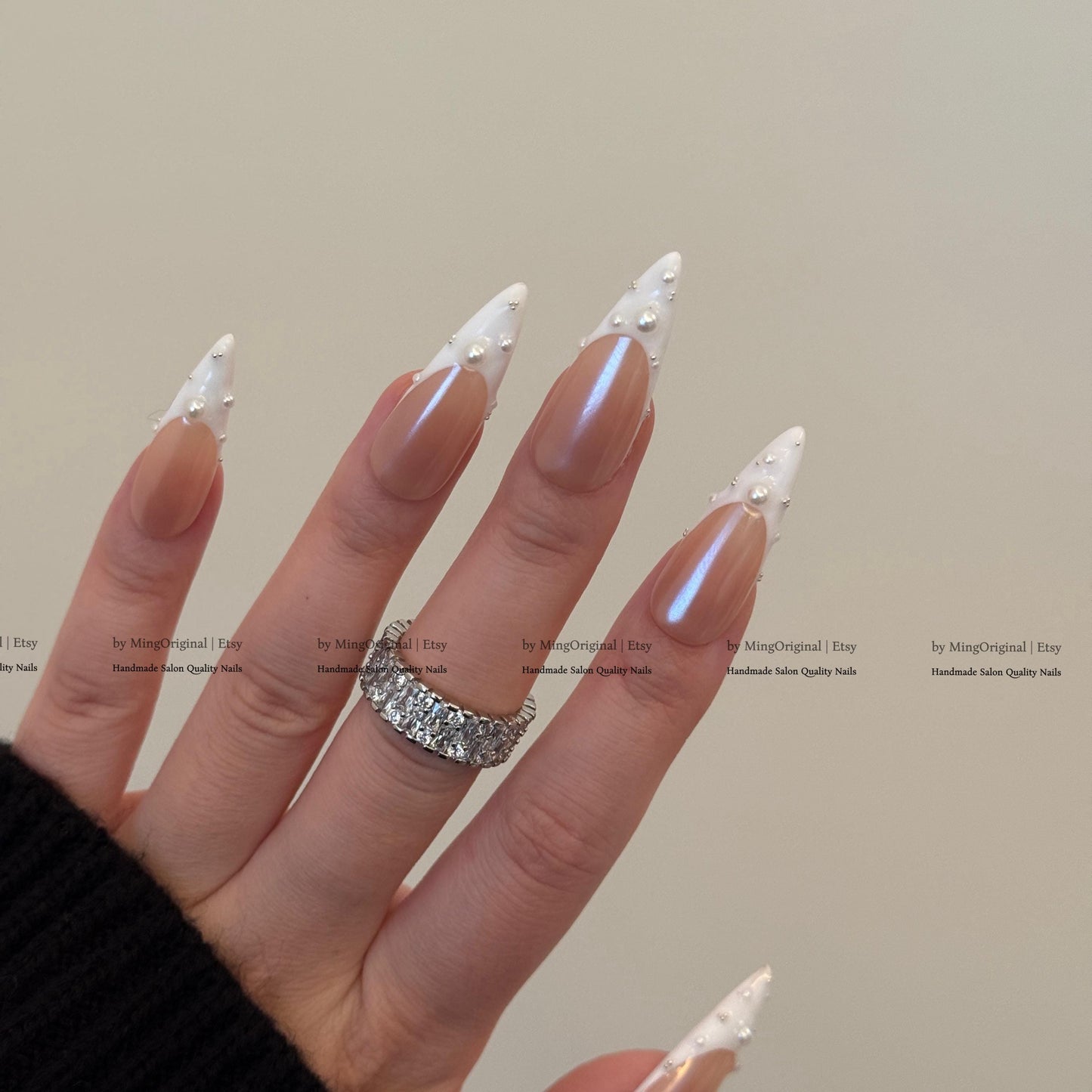 Pearl French Tip Press On Nails, Glazed Donuts Pearlescent Chrome White Glue On Nails, Nude Fake Nails, Bridal Manicure MO858