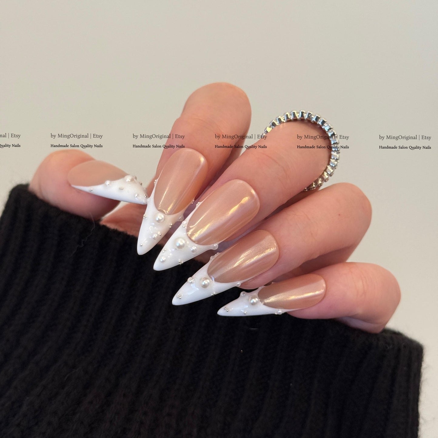 Pearl French Tip Press On Nails, Glazed Donuts Pearlescent Chrome White Glue On Nails, Nude Fake Nails, Bridal Manicure MO858