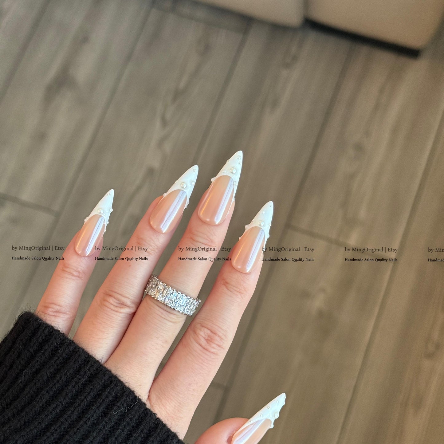 Pearl French Tip Press On Nails, Glazed Donuts Pearlescent Chrome White Glue On Nails, Nude Fake Nails, Bridal Manicure MO858