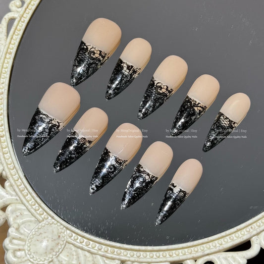 Black lace flower french tip press on nail, wedding nail, glue on nail, reuse nail, fake nail, holiday trending nail, MO788