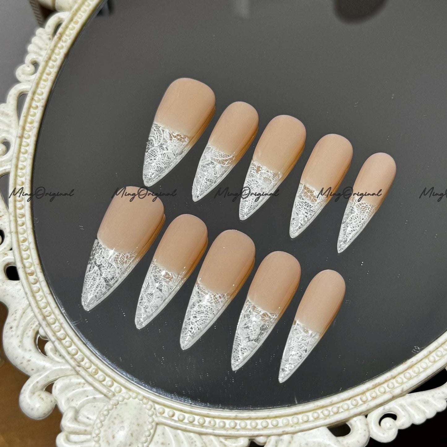 Natural Nude White Lace flower french tip press on nail, wedding nail, glue on nail, reuse nail, fake nail, holiday trending nail, MO642