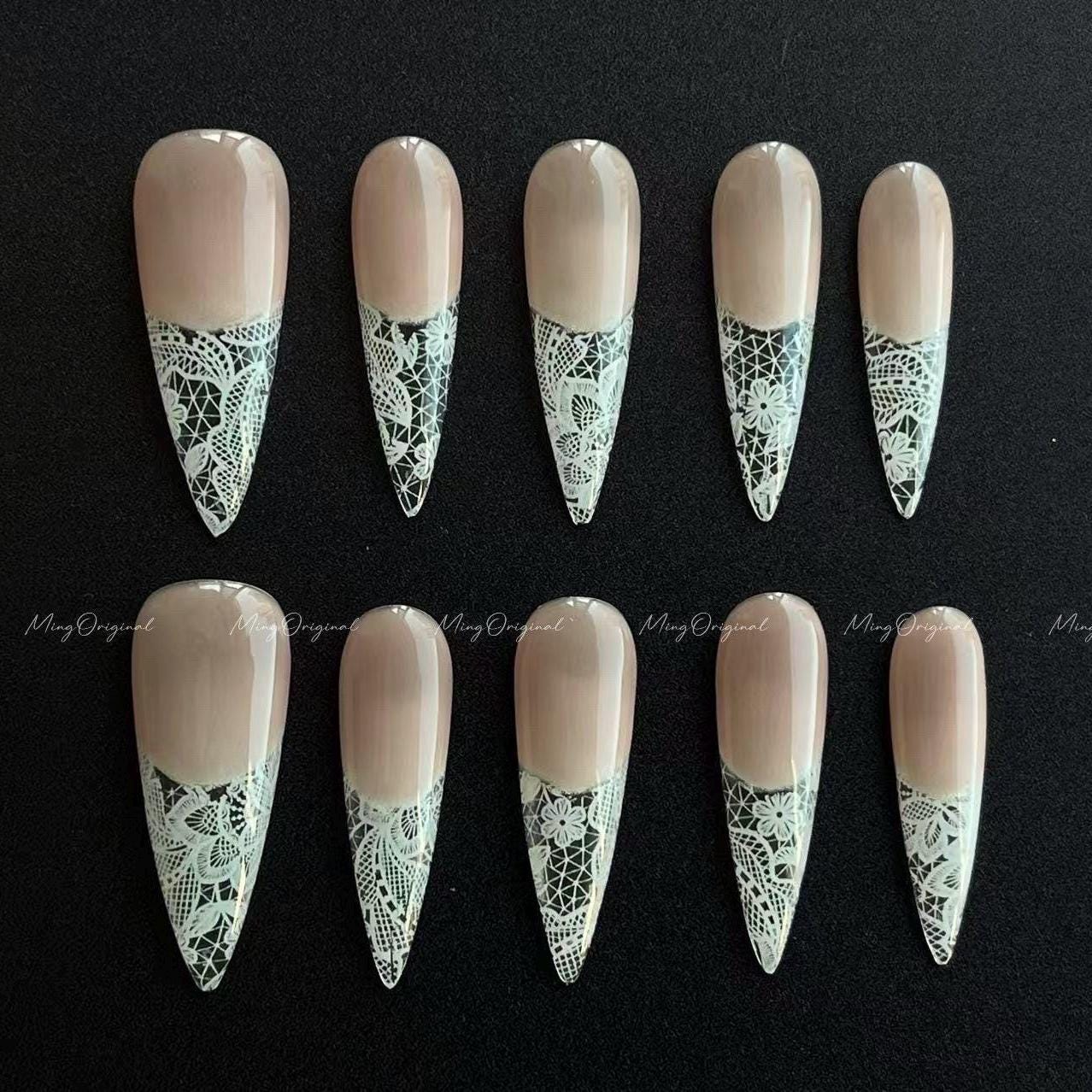 Natural Nude White Lace flower french tip press on nail, wedding nail, glue on nail, reuse nail, fake nail, holiday trending nail, MO642
