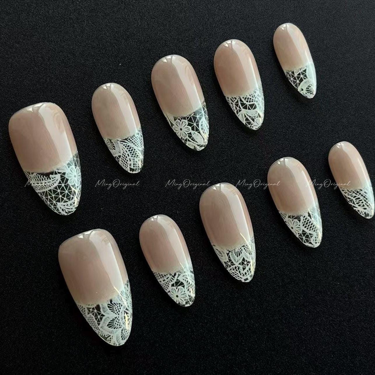Natural Nude White Lace flower french tip press on nail, wedding nail, glue on nail, reuse nail, fake nail, holiday trending nail, MO642