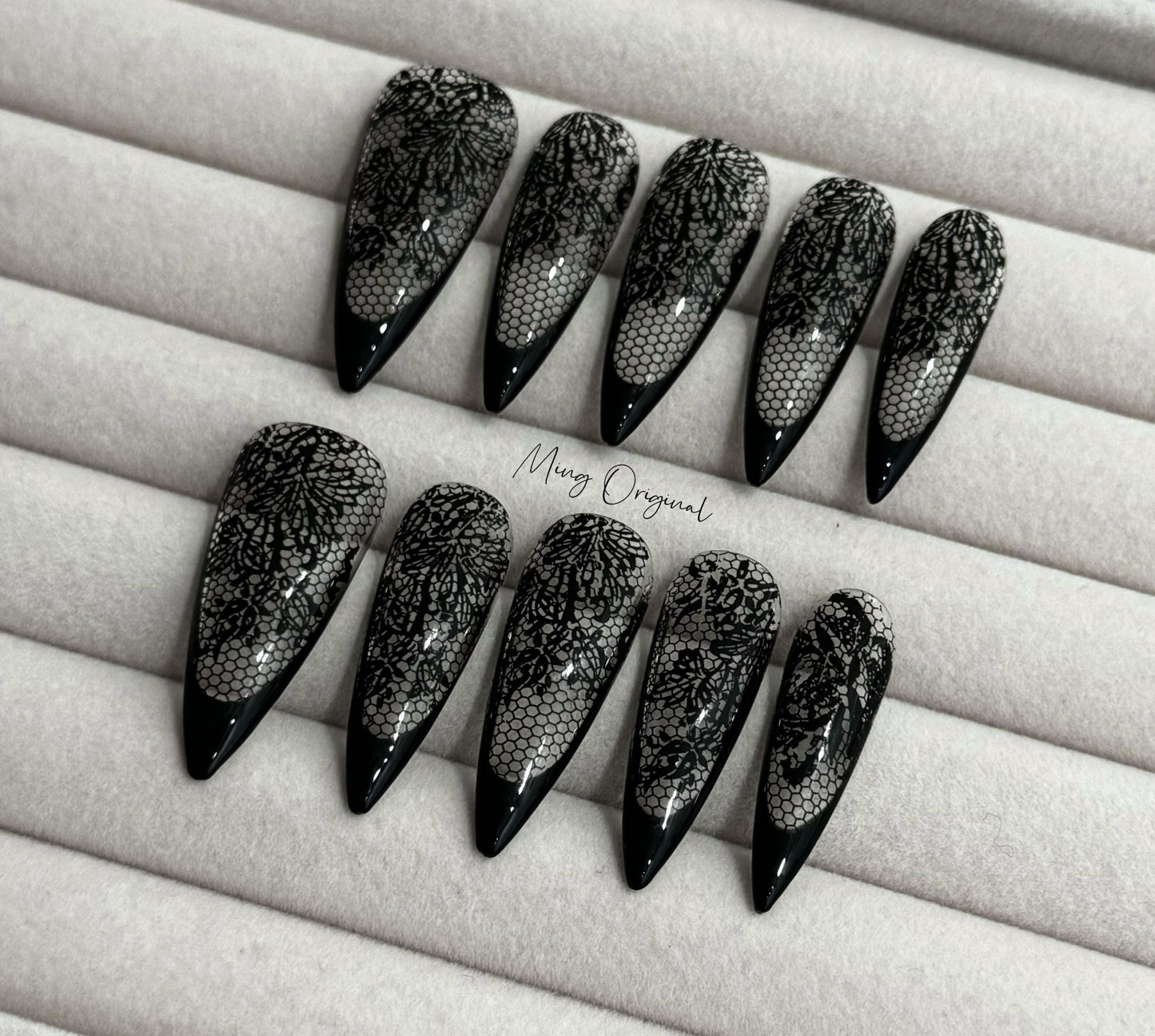 Black lace flower french tip press on nail, wedding nail, glue on nail, reuse nail, fake nail, holiday trending nail, MO282