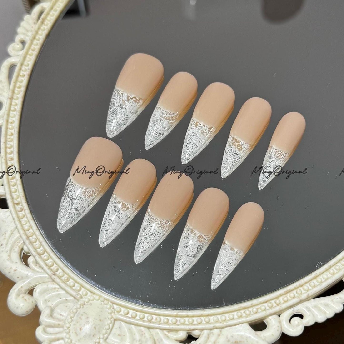 Natural Nude White Lace flower french tip press on nail, wedding nail, glue on nail, reuse nail, fake nail, holiday trending nail, MO642