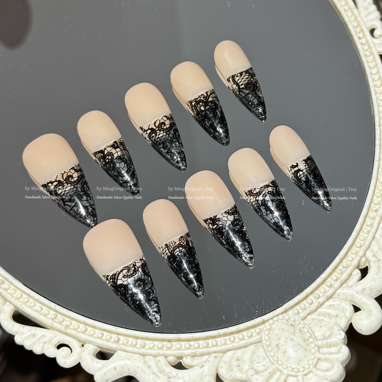 Black lace flower french tip press on nail, wedding nail, glue on nail, reuse nail, fake nail, holiday trending nail, MO788
