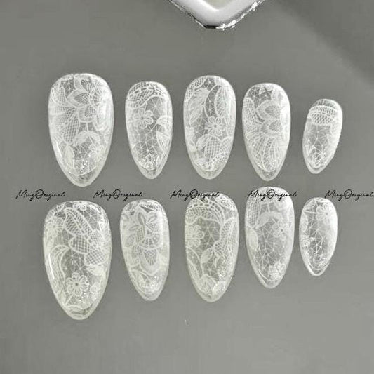 White lace flower french tip press on nail, wedding nail, glue on nail, reuse nail, fake nail, holiday trending nail, MO765