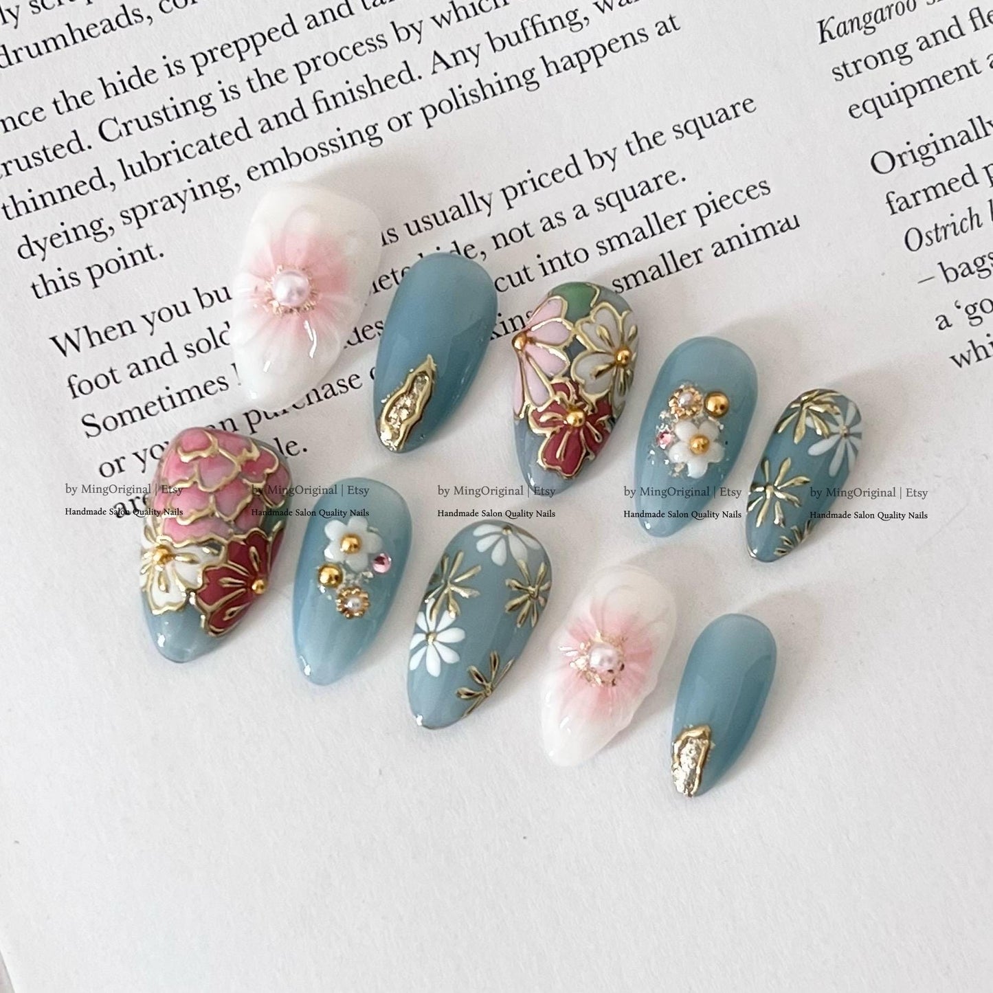 Japanese Style Floral Press on Nails, Dusty Blue 3D Flower Nails with Gold Accents, Ornate Botanical Almond Nails, MO839