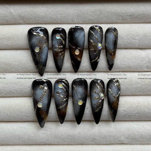 Galaxy Cat Eye Press on Nails, Dark Amber Marble Stiletto Nails, Celestial Midnight False Nails with Rhinestones, Goth Glam Vibe, MO840