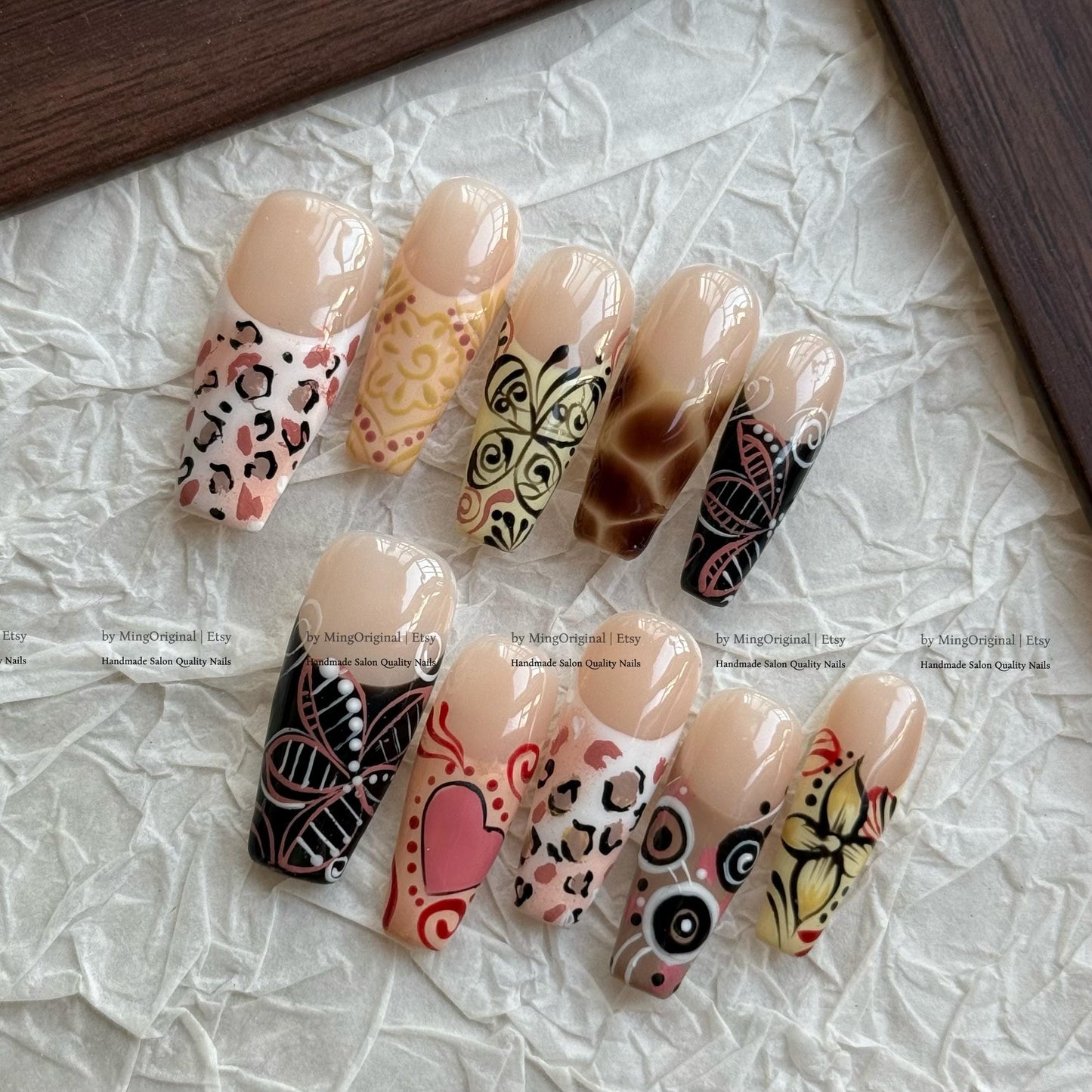 Animal Print Nails, Nuance Brown French Tip Mixed Design Press On Nails, Heart Valentine nail MO859
