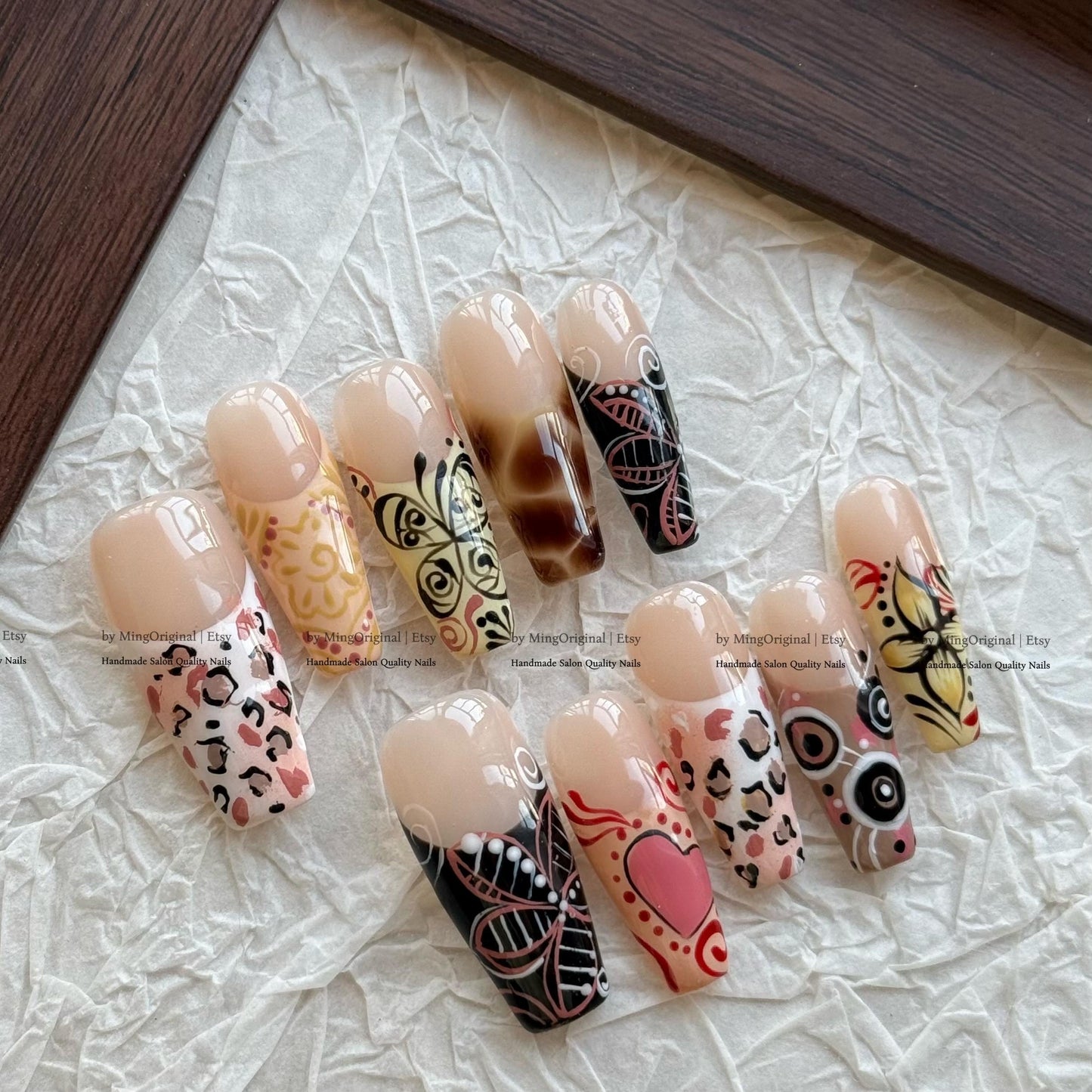 Animal Print Nails, Nuance Brown French Tip Mixed Design Press On Nails, Heart Valentine nail MO859
