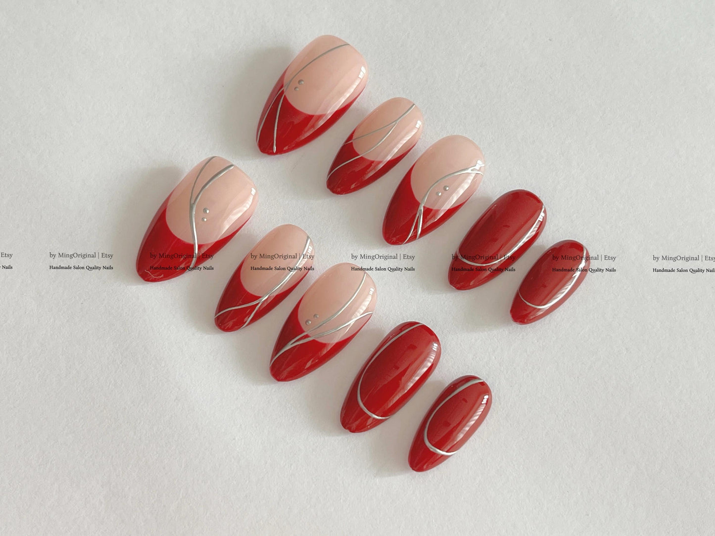 Handmade Red and Pink French Press On Nails, Silver Chrome Swirl Line Reusable Fake Nails, Minimalist Almond Nails, Y2K Nails, MO841