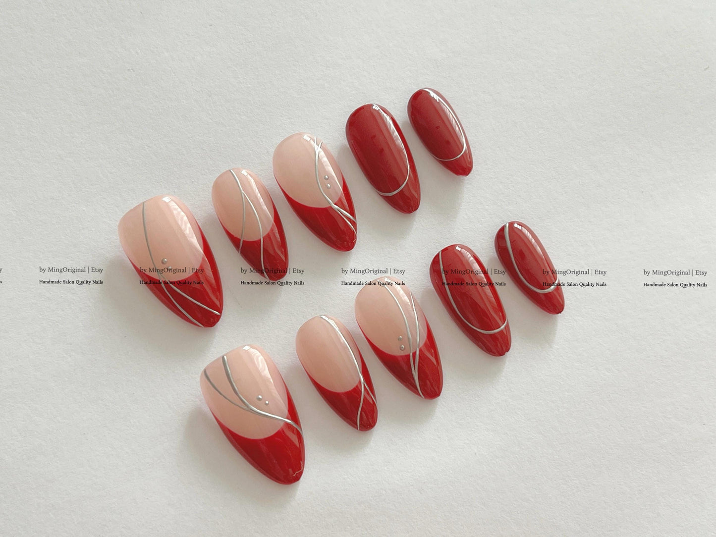 Handmade Red and Pink French Press On Nails, Silver Chrome Swirl Line Reusable Fake Nails, Minimalist Almond Nails, Y2K Nails, MO841