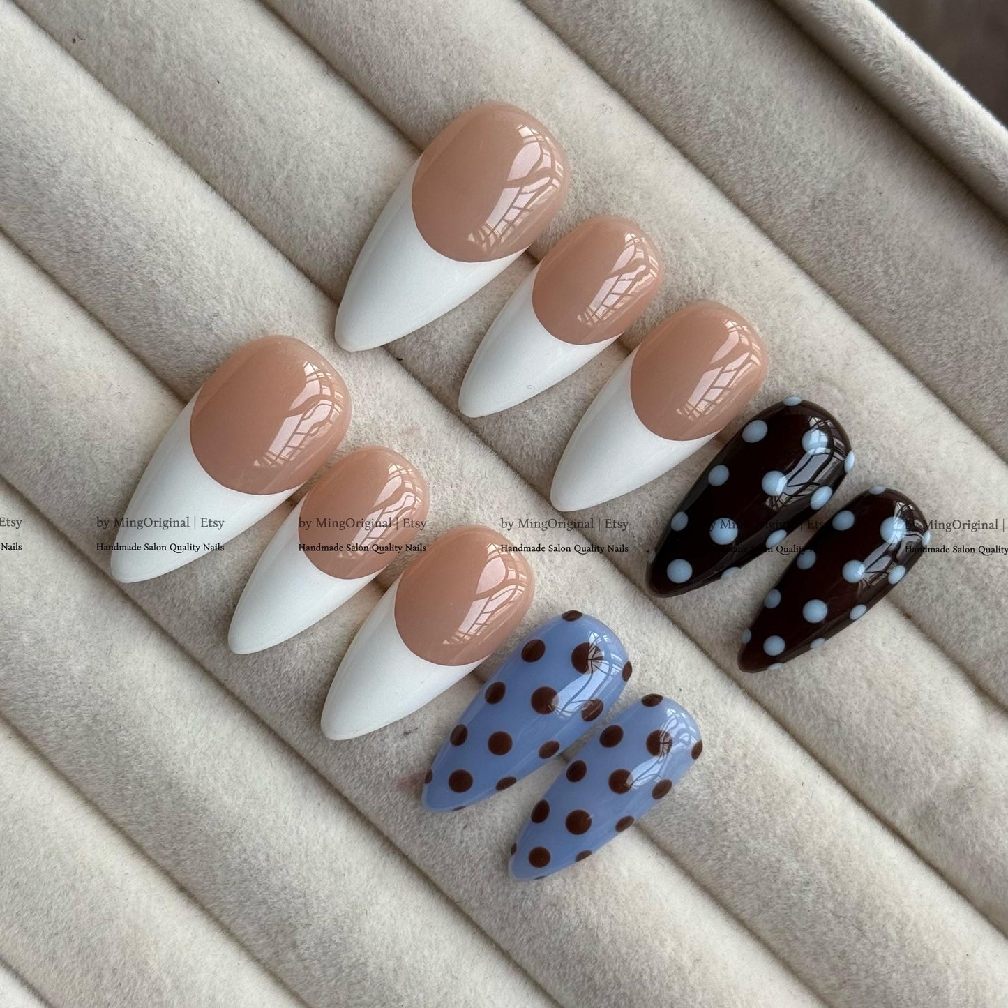 Handmade Polka Dot Press On Nails, French Tip False Nails, Blue Contrast Nails, Reusable Glue On Nails, Retro Dotted Manicure, MO842