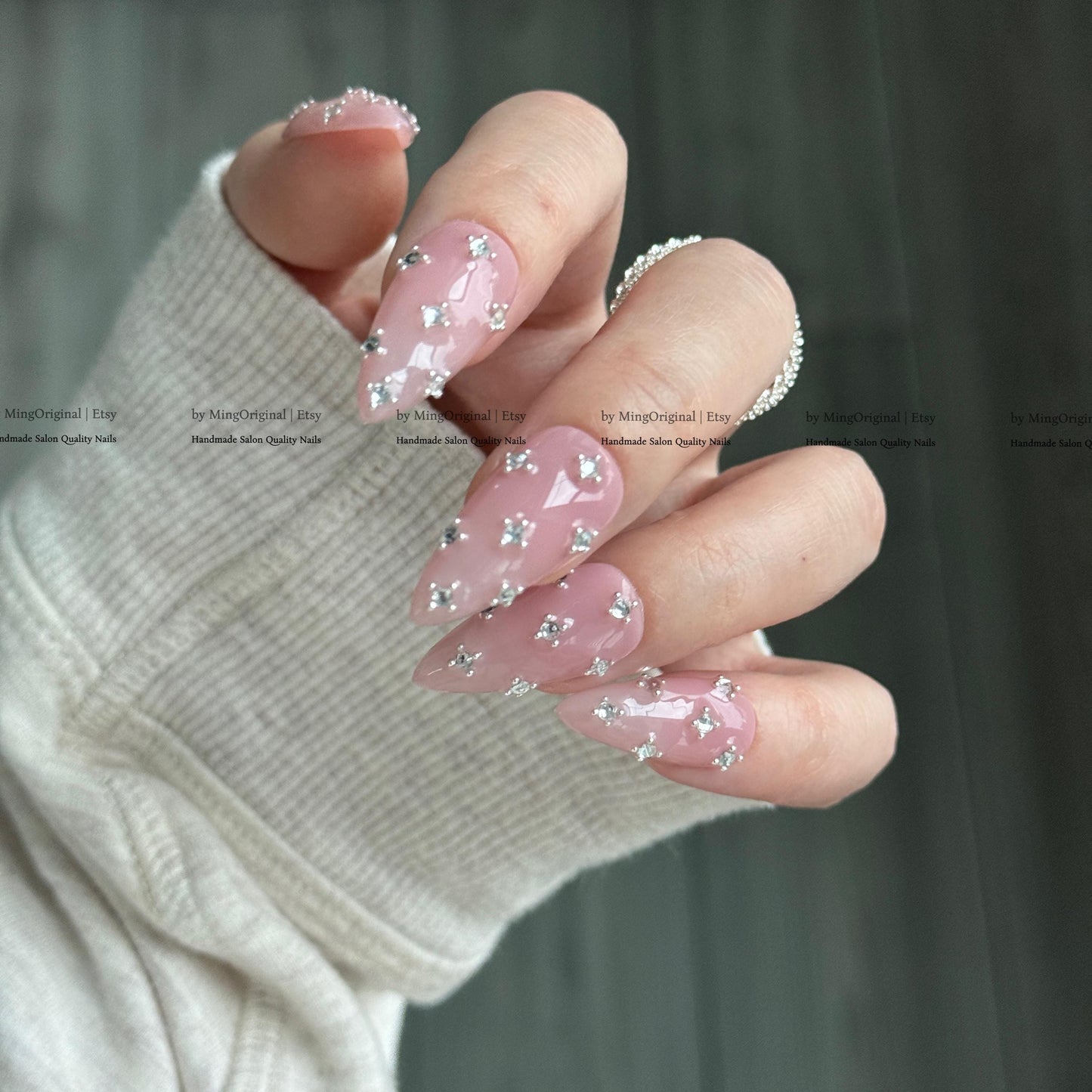 Pink Crystal Press on Nails, Scattered Rhinestone Fake Nails, Handmade Reusable Glue on Nails, MO860