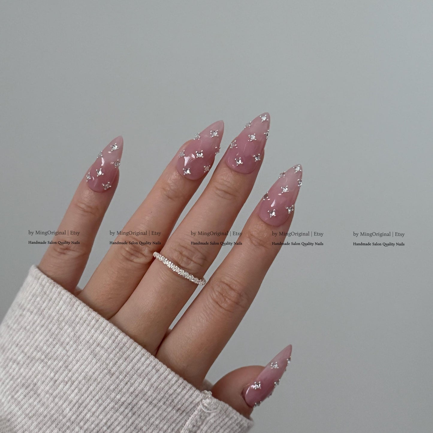 Pink Crystal Press on Nails, Scattered Rhinestone Fake Nails, Handmade Reusable Glue on Nails, MO860