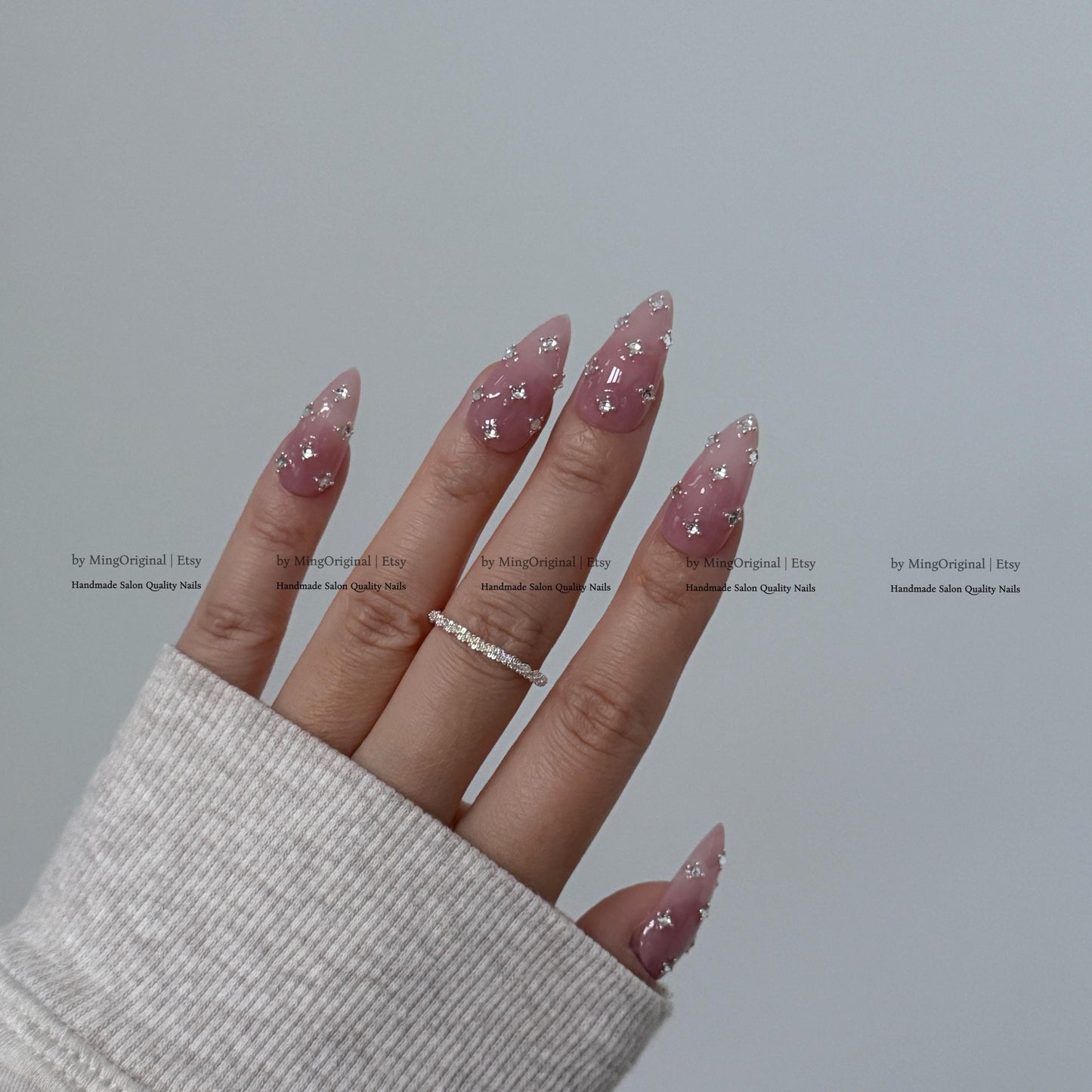 Pink Crystal Press on Nails, Scattered Rhinestone Fake Nails, Handmade Reusable Glue on Nails, MO860