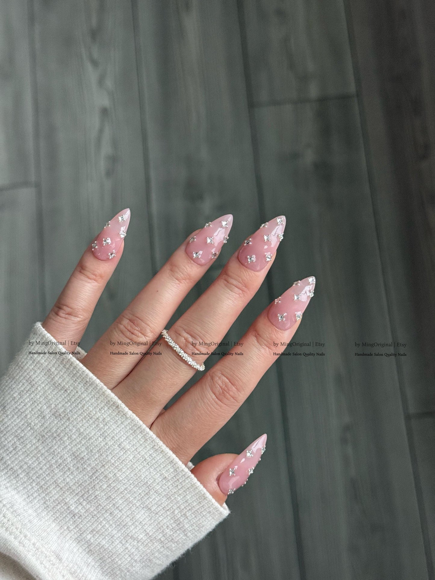 Pink Crystal Press on Nails, Scattered Rhinestone Fake Nails, Handmade Reusable Glue on Nails, MO860