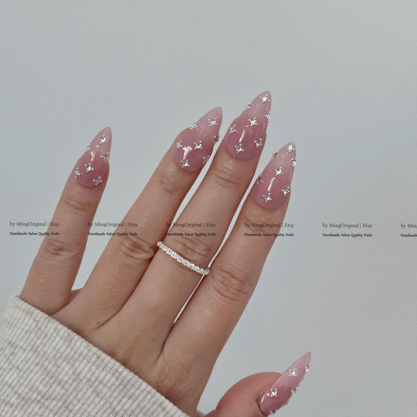 Pink Crystal Press on Nails, Scattered Rhinestone Fake Nails, Handmade Reusable Glue on Nails, MO860