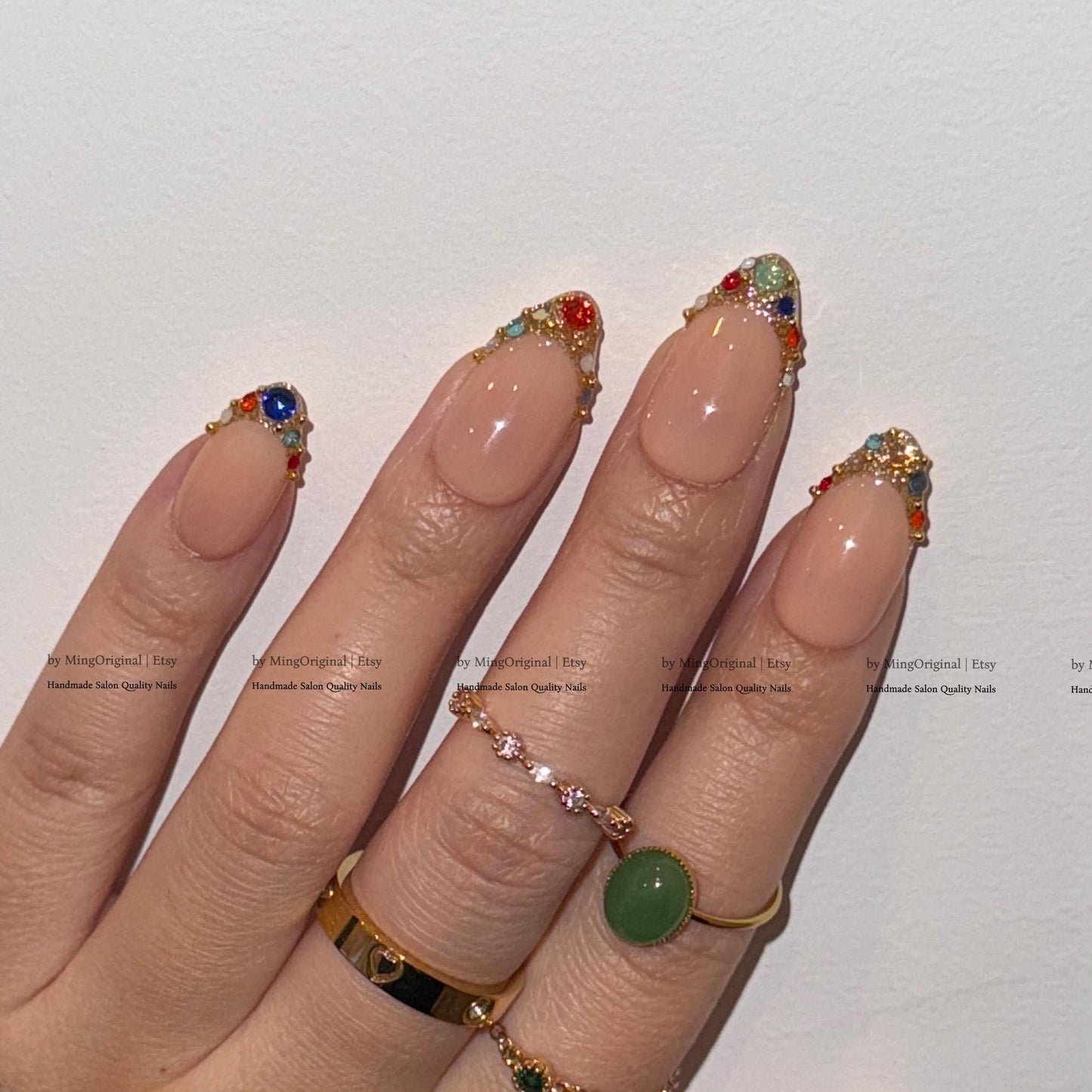 Colorful Gemstone French Press on Nails, Gold Foil Tip Fake Nails, Handmade Reusable Glue on Nails, MO861
