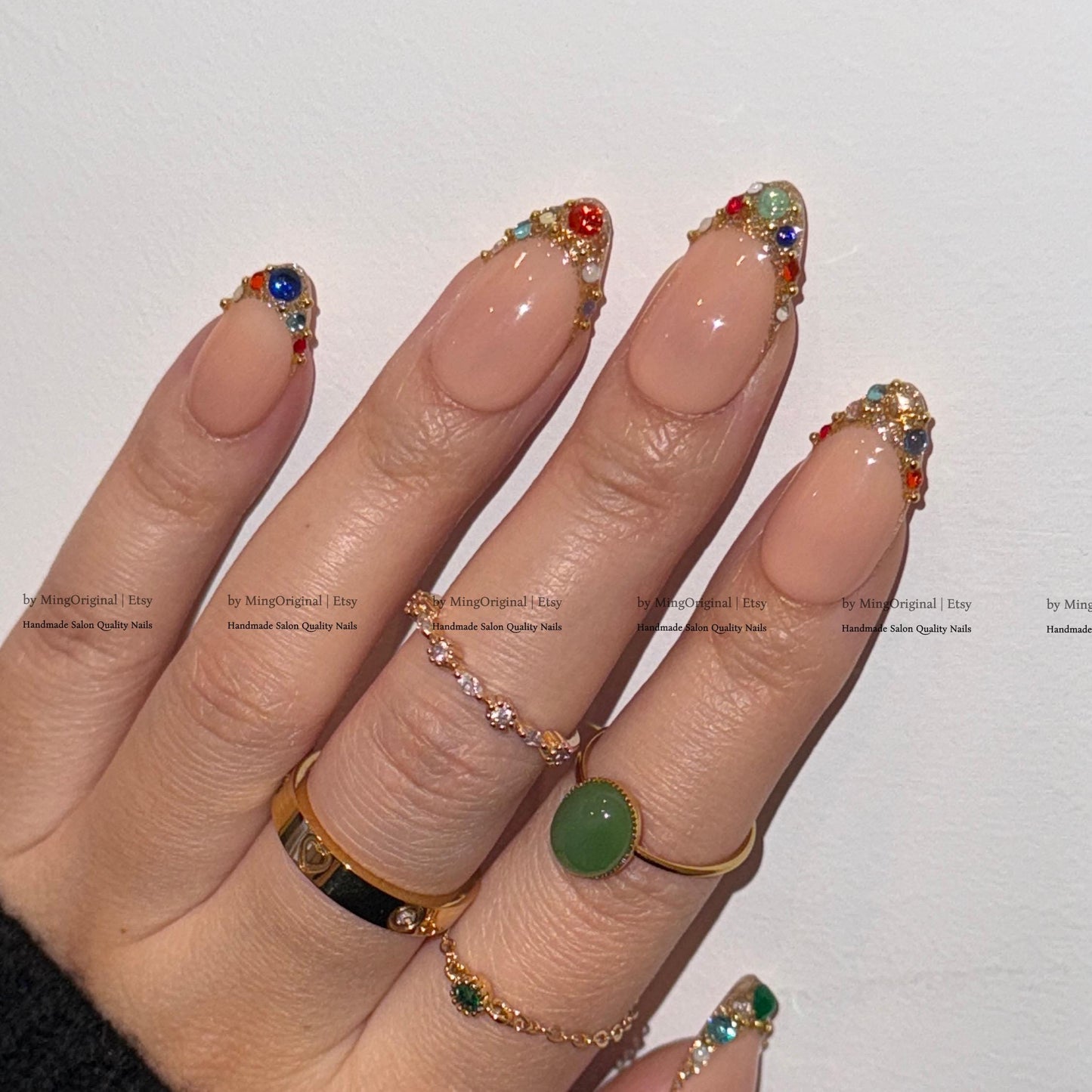 Colorful Gemstone French Press on Nails, Gold Foil Tip Fake Nails, Handmade Reusable Glue on Nails, MO861