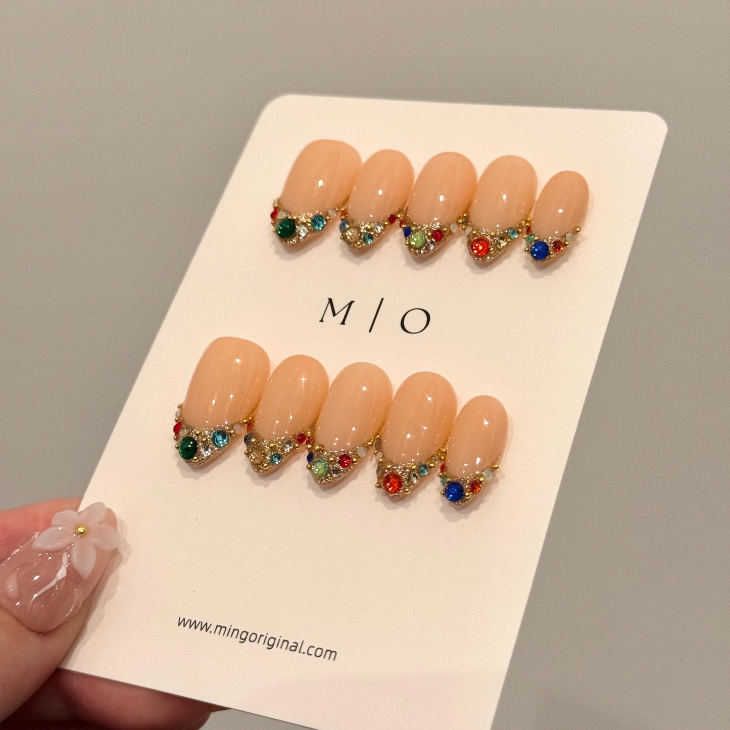 Colorful Gemstone French Press on Nails, Gold Foil Tip Fake Nails, Handmade Reusable Glue on Nails, MO861