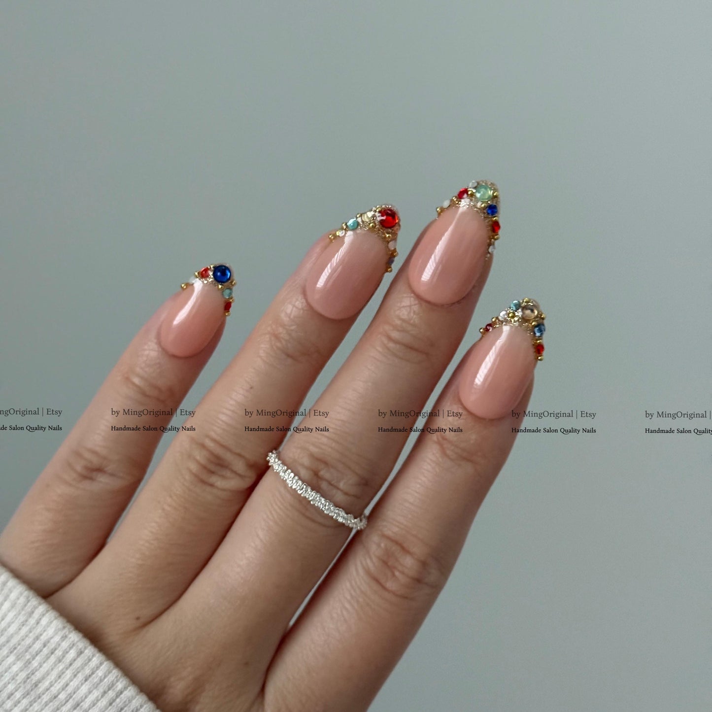 Colorful Gemstone French Press on Nails, Gold Foil Tip Fake Nails, Handmade Reusable Glue on Nails, MO861