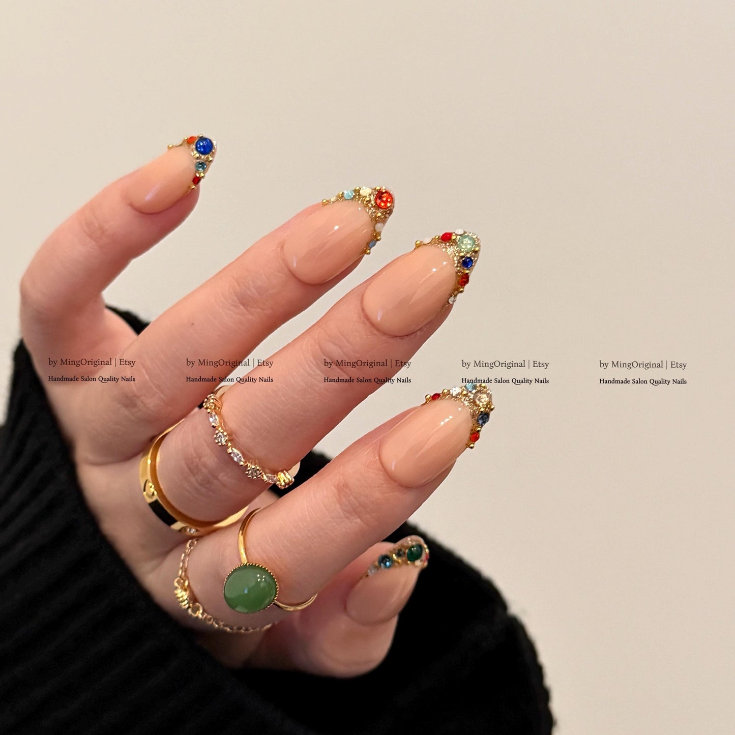Colorful Gemstone French Press on Nails, Gold Foil Tip Fake Nails, Handmade Reusable Glue on Nails, MO861
