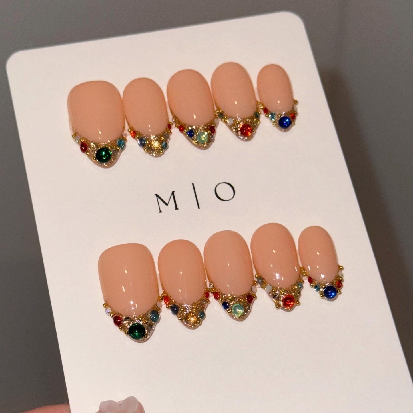 Colorful Gemstone French Press on Nails, Gold Foil Tip Fake Nails, Handmade Reusable Glue on Nails, MO861