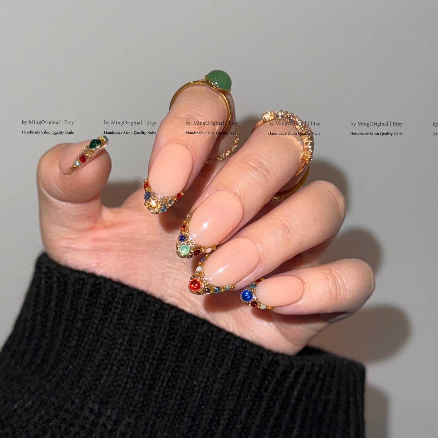Colorful Gemstone French Press on Nails, Gold Foil Tip Fake Nails, Handmade Reusable Glue on Nails, MO861