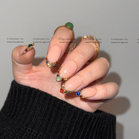Colorful Gemstone French Press on Nails, Gold Foil Tip Fake Nails, Handmade Reusable Glue on Nails, MO861